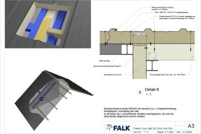 Brandwand hellend dak bedrijfspand 60 min - evenwijdig aan dak