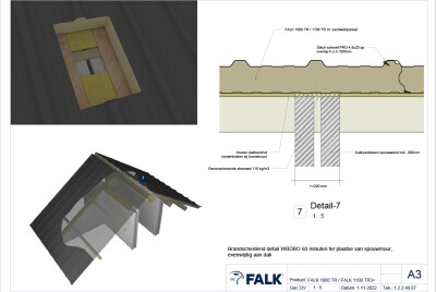 Brandwand hellend dak met spouwmuur en dakbeschot 60 min - evenwijdig aan dak