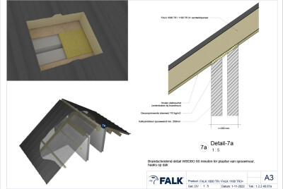 Brandwand hellend dak met spouwmuur en dakbeschot 60 min - haaks op dak