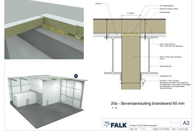 Aansluiting brandscheidende wand op FALK Platdakpanelen WBDBO 60 (haaks op dak)