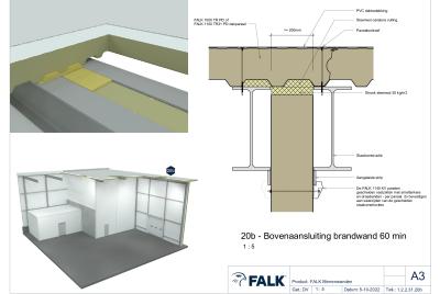 Aansluiting brandscheidende wand op FALK Platdakpanelen WBDBO 60 (evenwijdig aan dak)
