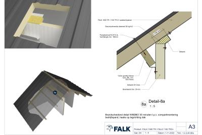 Aansluiting brandscheidende wand op dak t.p.v. compartimentering bedrijfspand WBDBO 30 (haaks op dak)