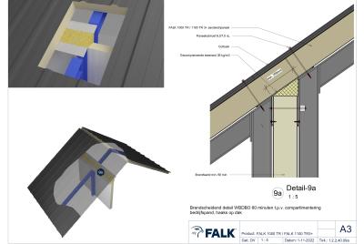 Aansluiting brandscheidende wand op dak t.p.v. compartimentering bedrijfspand WBDBO 60 (haaks op dak)