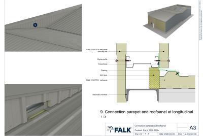 Connection parapet and roofpanel at longitudinal