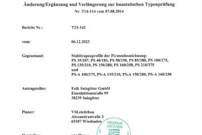 Verlängerung baustatische Typenprüfung Trapez